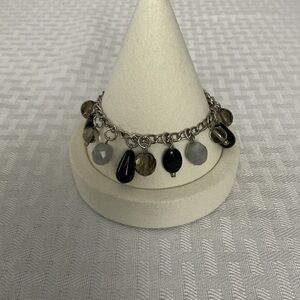 Black Glass Silver Tone Charm Bracelet